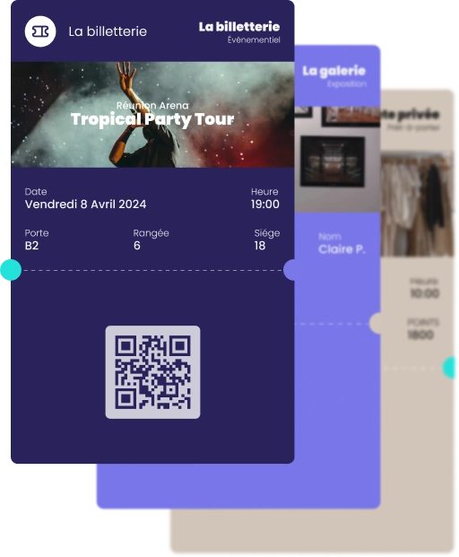 Pass dématérialisés pour billets de concert, tickets d'entrée, invitations privées et expositions.