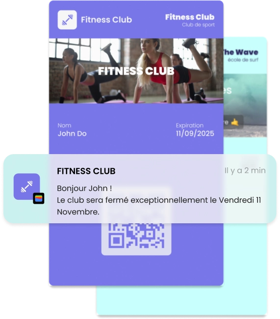 Cartes d'abonnement dématérialisées et personnalisées, avec notifications, dans le wallet d'un smartphone.