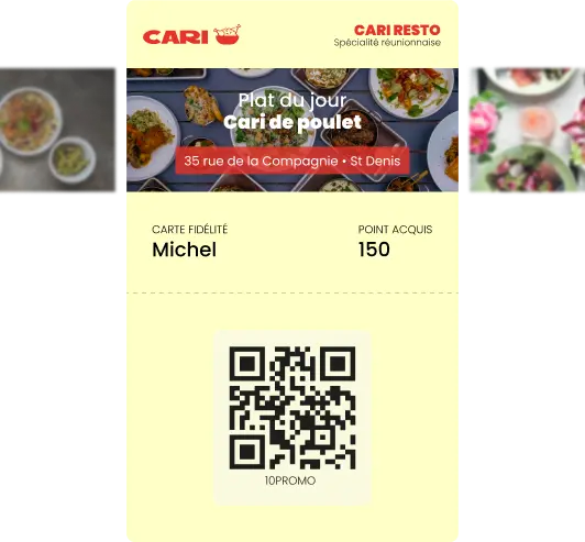 Carte de fidélité de restaurant dans le wallet, personnalisée avec le logo de l'enseigne et un bandeau plat du jour.