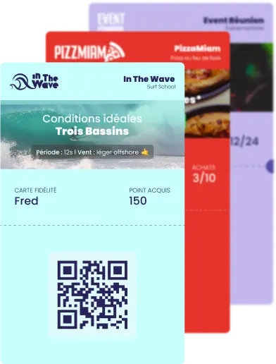 Exemples de cartes : membre d'une école de surf, billet d'événement privé, carte de fidélité de pizzeria.