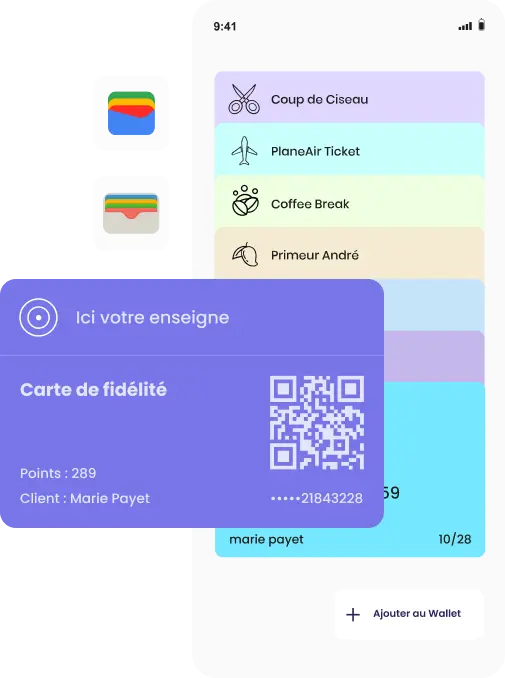 Smartphone affichant des cartes dématérialisées empilées dans un wallet natif, Google Wallet ou Apple Wallet.