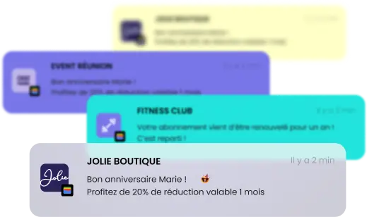Exemples de notifications reçues dans le wallet selon différents scénarios de campagne.
