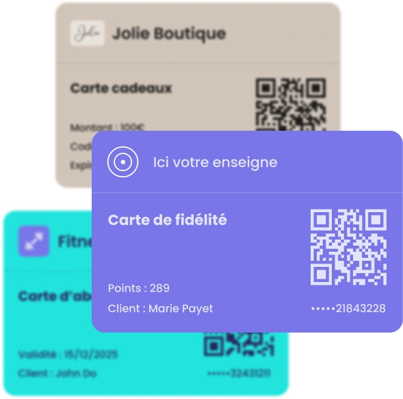 Supports dématérialisés personnalisés à l'identité visuelle de l'enseigne, dans le wallet d'un smartphone.