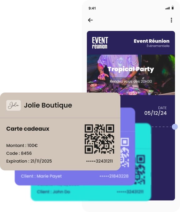 Cartes physiques dématérialisées et personnalisées aux couleurs de l'enseigne, réunies dans le wallet du smartphone.
