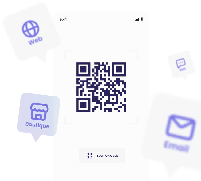 Smartphone scannant un QR code pour ajouter une carte de fidélité au wallet, en boutique ou en ligne.
