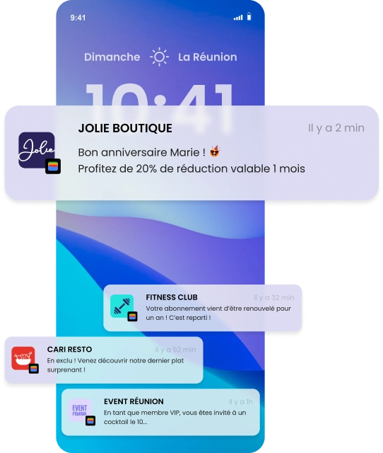 Notifications personnalisées envoyées aux clients depuis le wallet de leur smartphone.