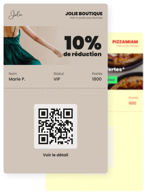 Cartes de fidélité personnalisées aux couleurs de l'enseigne, affichées dans le wallet d'un smartphone.